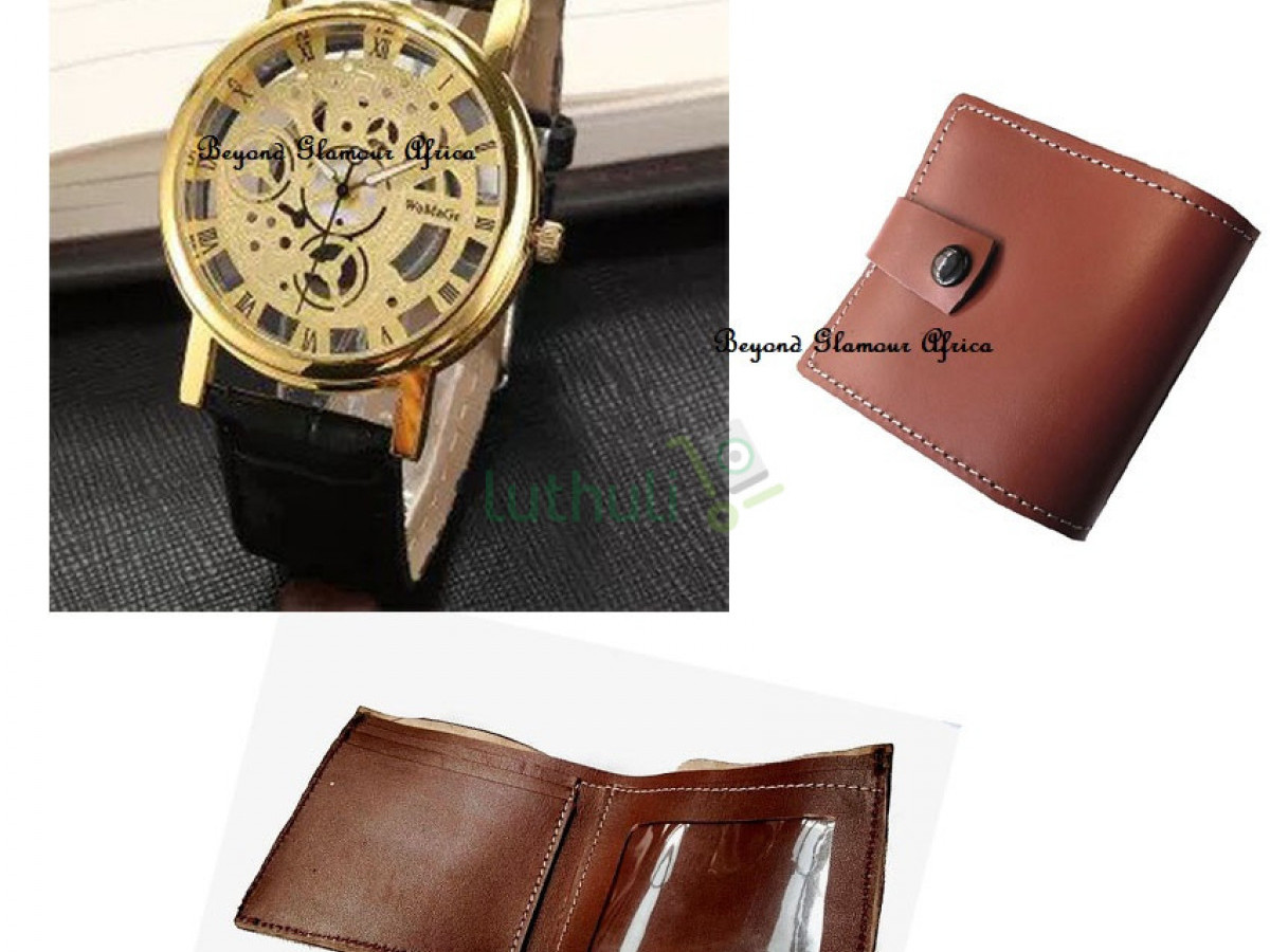 Black Leather skeleton watch with wallet Black Leather skeleton watch with wallet