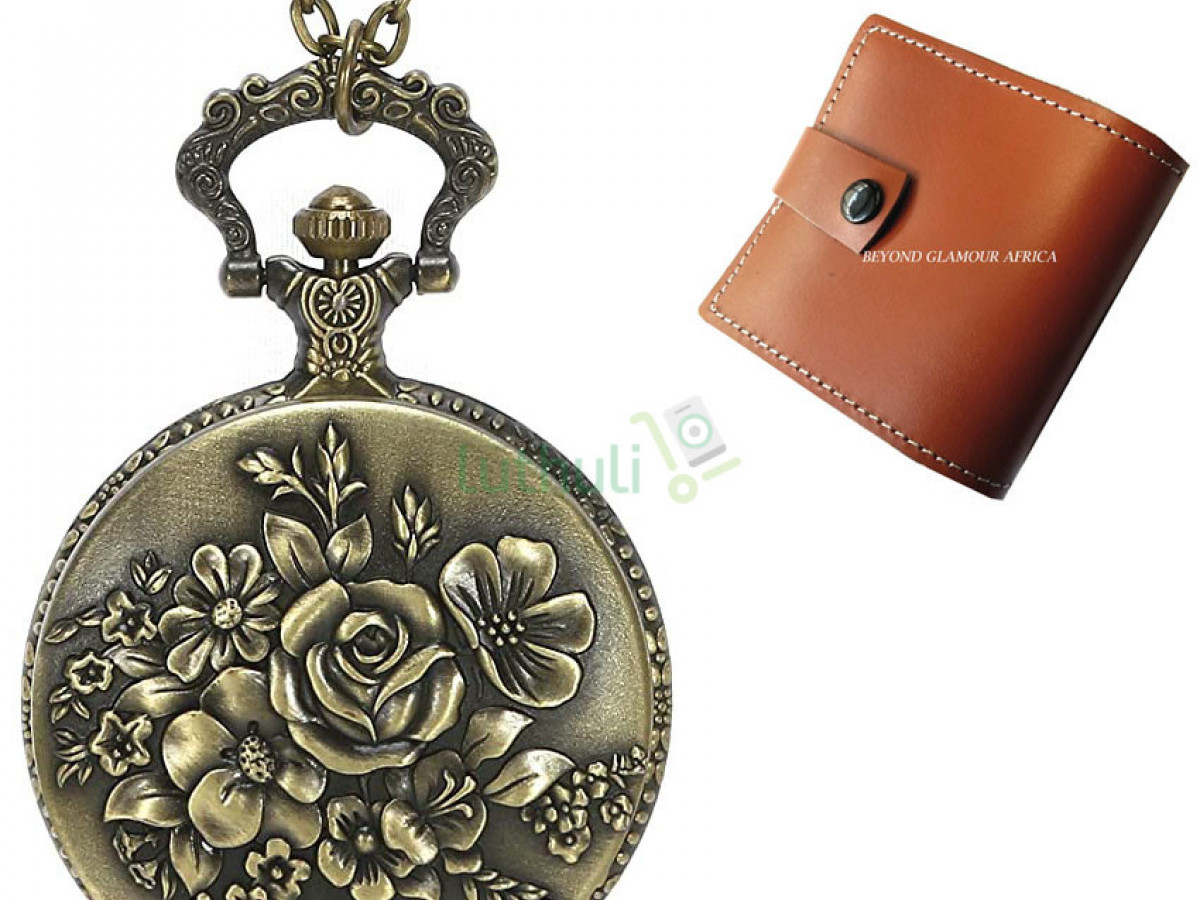 Brass Flowered pocket watch with leather wall Brass Flowered pocket watch with leather wall