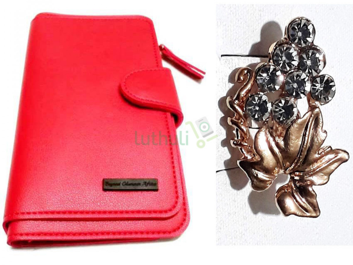 Womens Red Leather wallet with golden brooch Womens Red Leather wallet with golden brooch