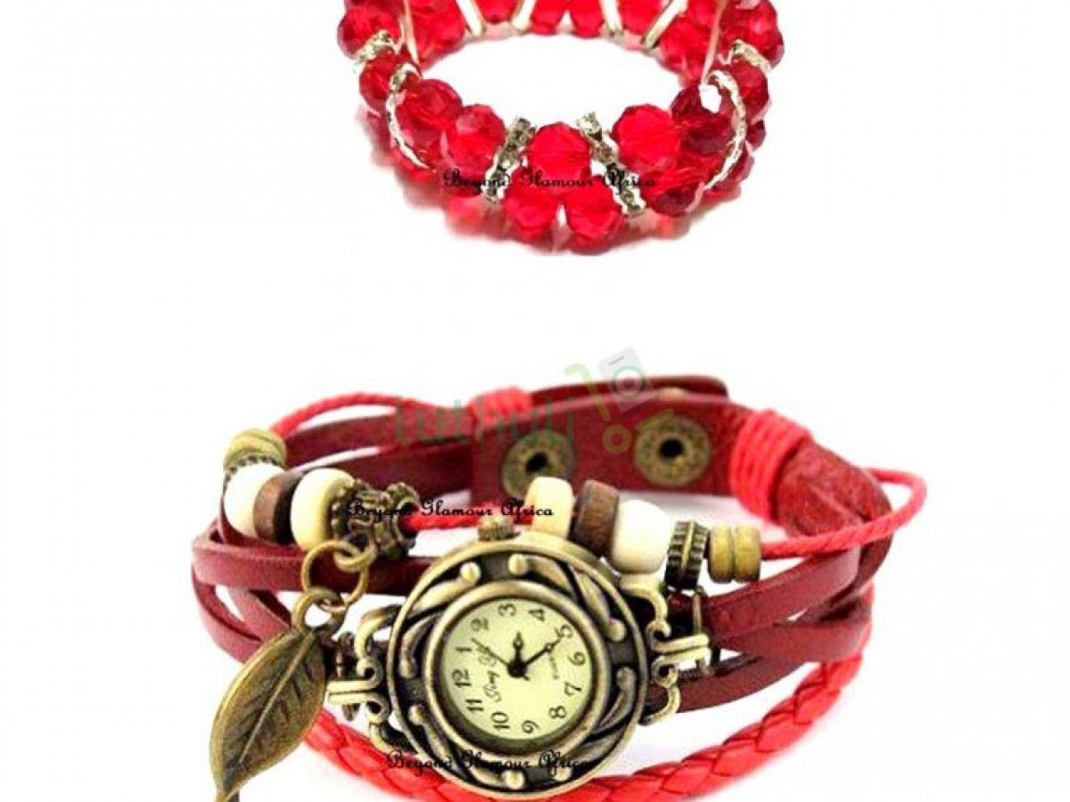 Womens Red Leather watch and Bracelet Womens Red Leather watch and Bracelet