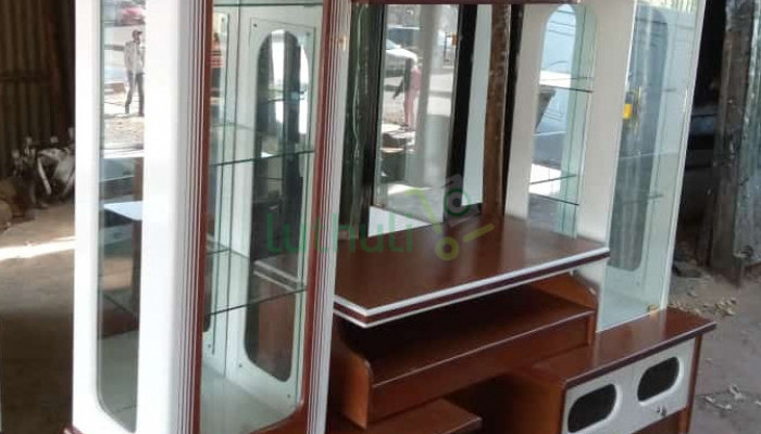 white Utensils storage and TV cabinets.